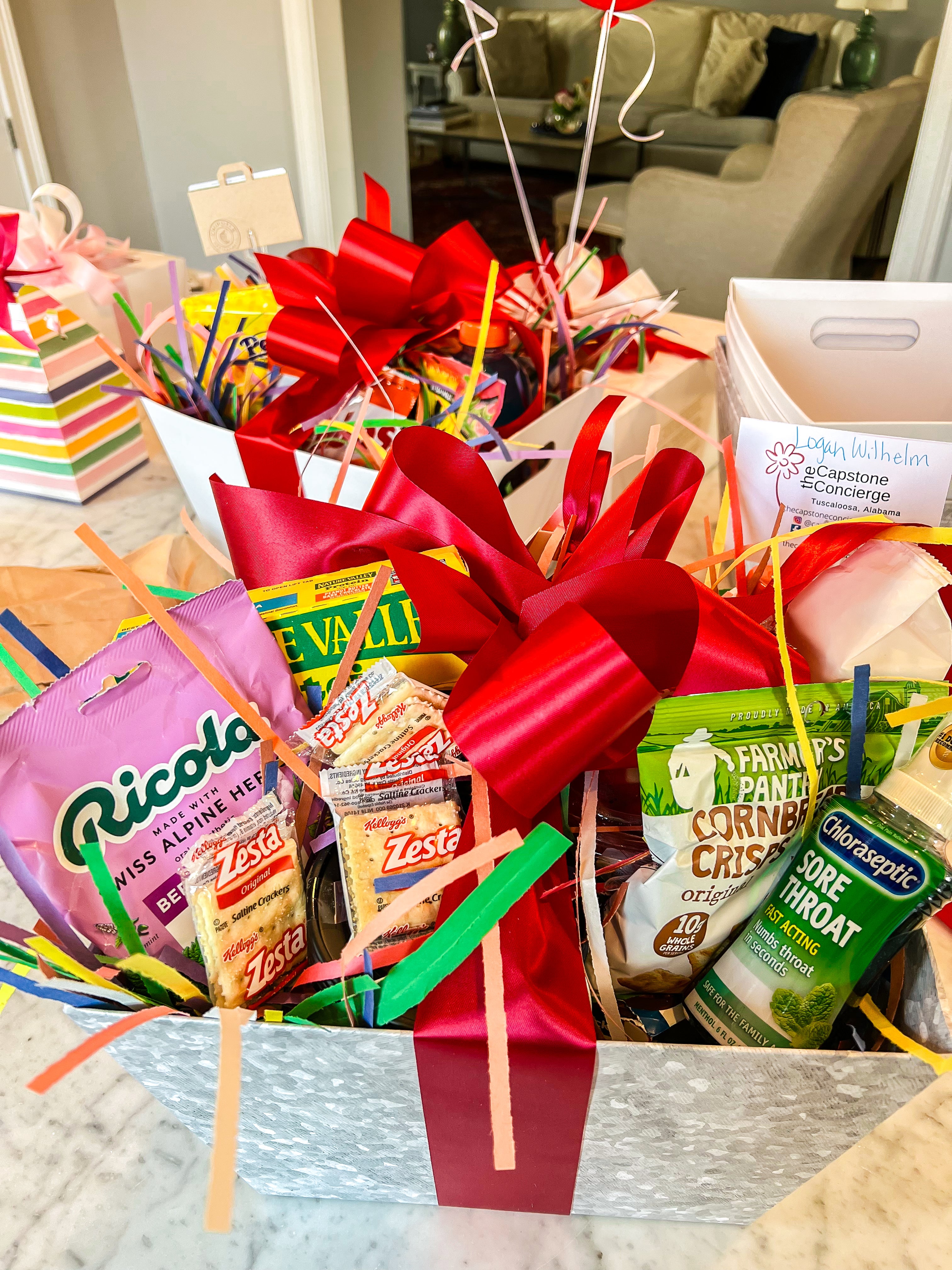 Get well soon baskets with crackers, granola bars and medicine